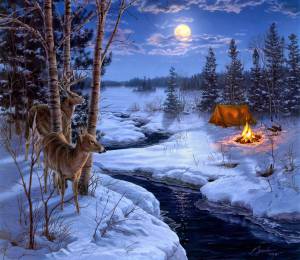 зима, олени, живопись, луна, животные, снег, ручей, ель