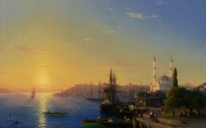 архитектура, корабли, картина, порт, парусники, мечеть, Айвазовский