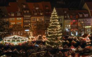 город, Эрфурт, дома, Германия, ночь, Рождество, аттракционы, огни