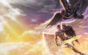 крылья, щит, оружие, в небе, солнце, битва, доспех, арт