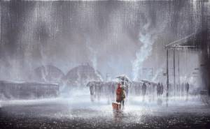 вагон, дождь, люди, женщина, чемодан, картина