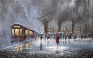 вокзал, мужчина, двое, поезд, перрон, ливень, картина, встреча