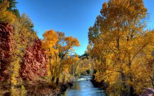 blue, autumn, sky, nature, river, leaves, red