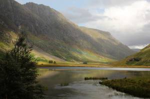 Шотландия, природа, горы, нагорье, река, Великобритания, радуга, дерево